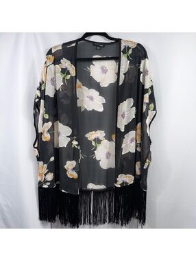 ASOS Women’s US 8 Black Floral Sheer Kimono Fringe Open Front Boho